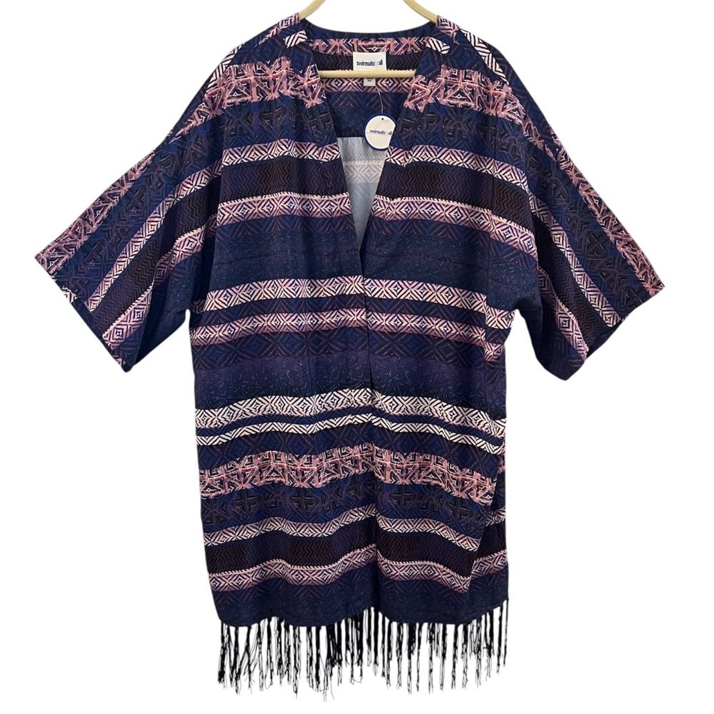 SWIMSUITS FOR ALL, Sz 18/20, Blue & Pink Coverup / Kimono w/ Fringe at Hem, NEW.